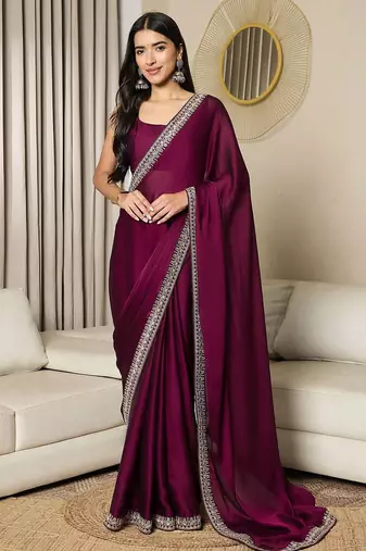 magenta satin ready to wear saree