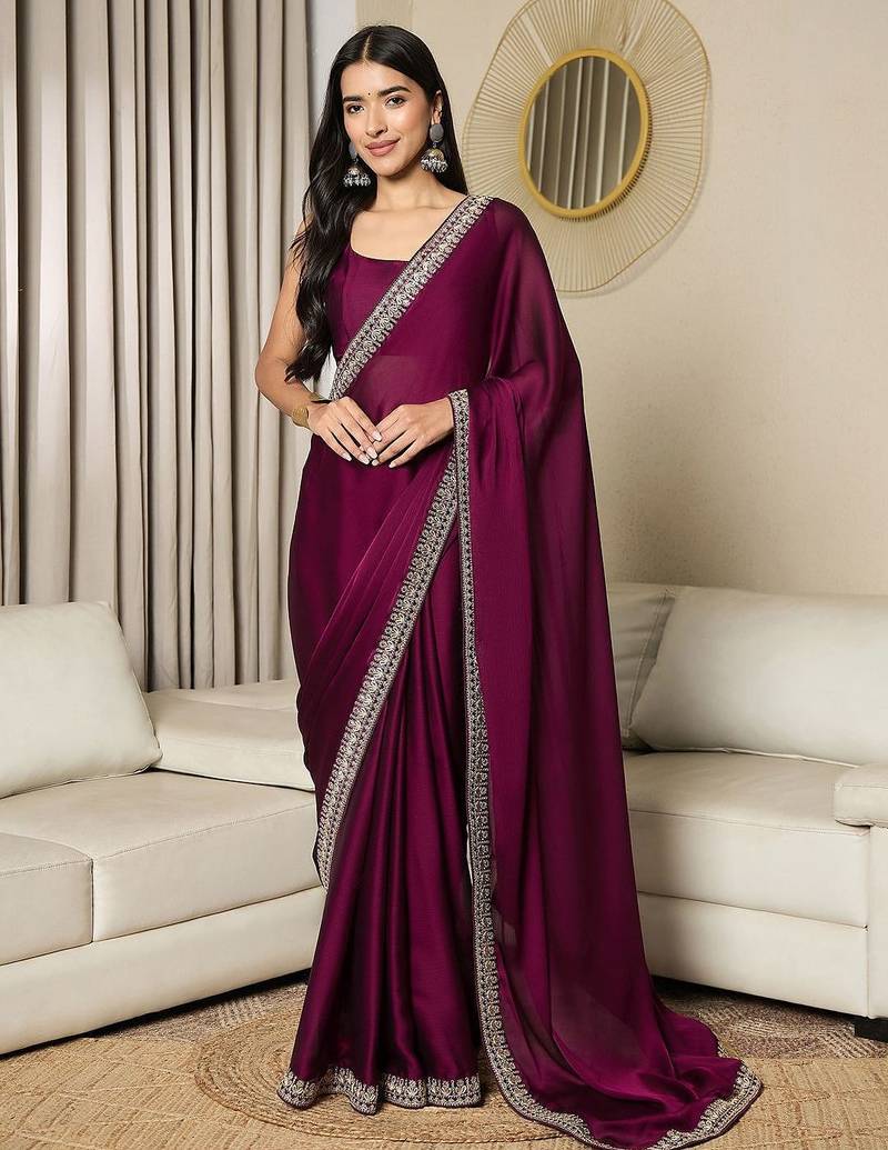 magenta satin ready to wear saree
