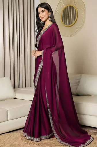 magenta satin ready to wear saree
