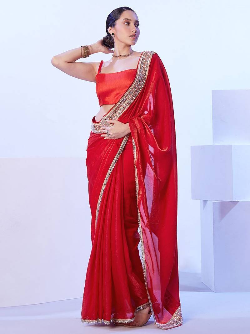 red mirror work embellished saree