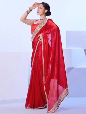red mirror work embellished saree 2