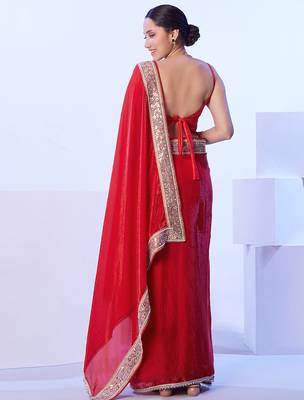 red mirror work embellished saree 3