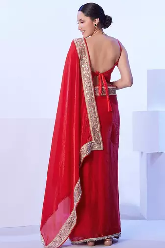 red mirror work embellished saree