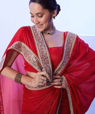 red mirror work embellished saree 4