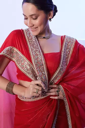 red mirror work embellished saree