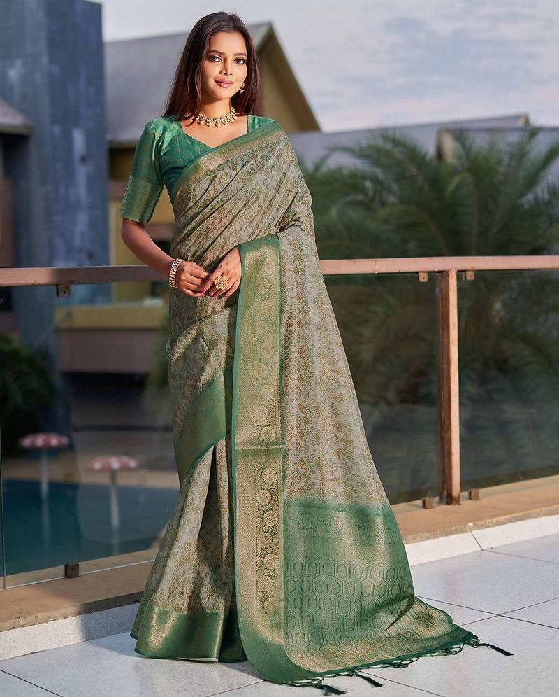 green ethnic motifs woven design saree