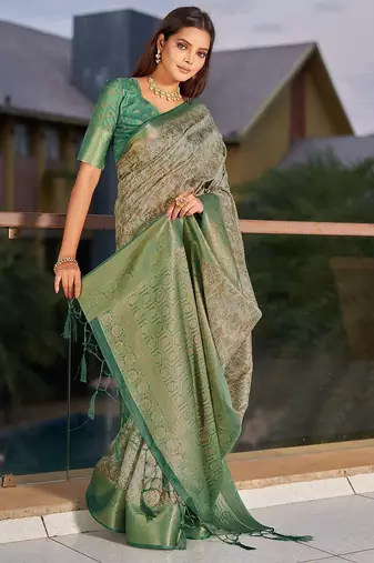 green ethnic motifs woven design saree