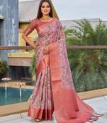 pink floral printed zari detail saree