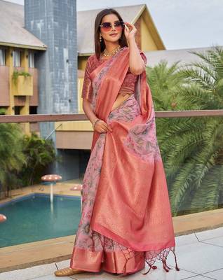 pink floral printed zari detail saree 2