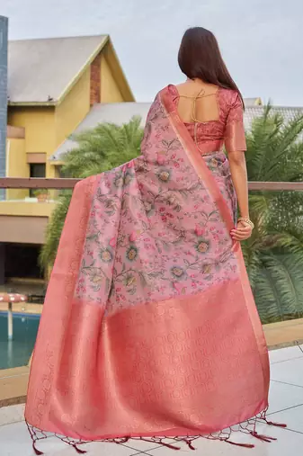 pink floral printed zari detail saree