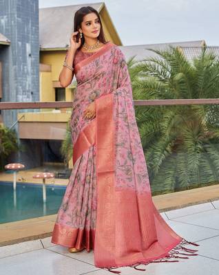 pink floral printed zari detail saree 4