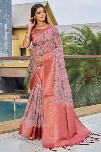 pink floral printed zari detail saree
