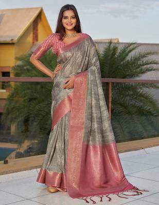 grey grey ethnic motifs printed art silk saree 1