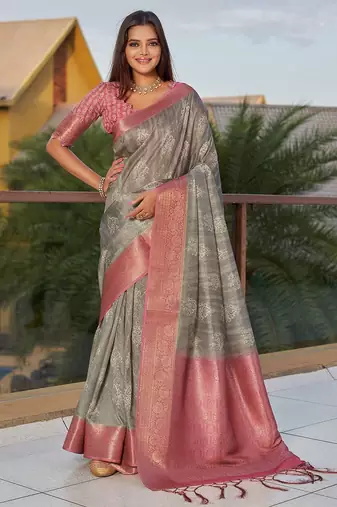 grey grey ethnic motifs printed art silk saree