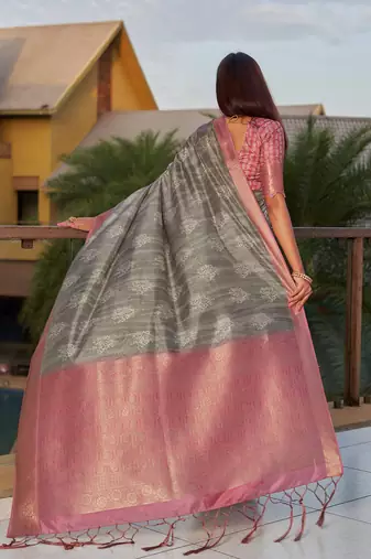 grey grey ethnic motifs printed art silk saree