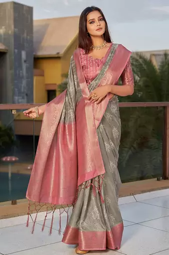 grey grey ethnic motifs printed art silk saree