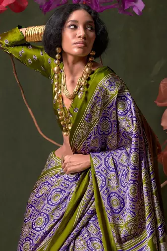purple ajrak block print saree with blouse piece