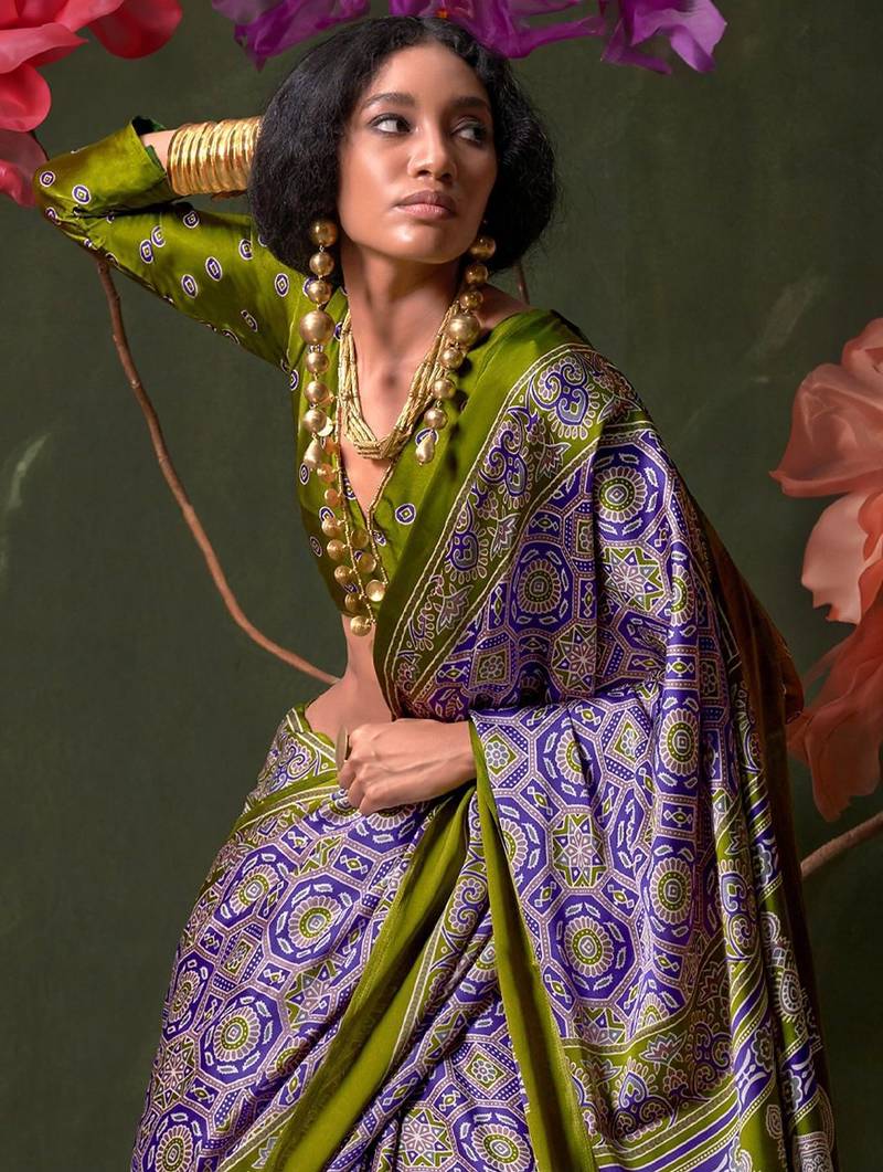 purple ajrak block print saree with blouse piece