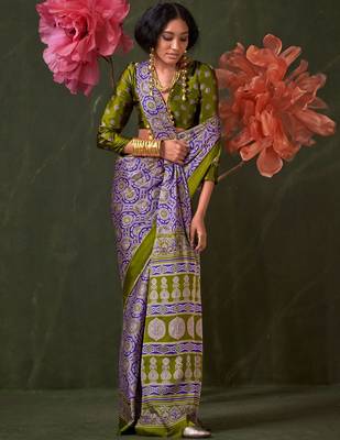 purple ajrak block print saree with blouse piece 2
