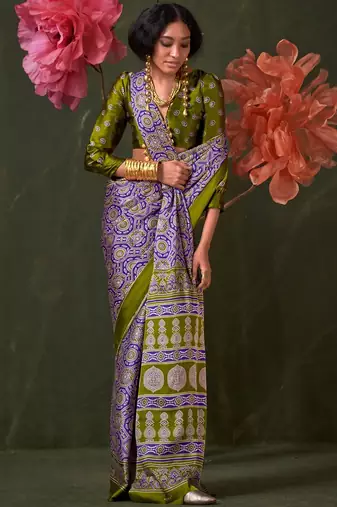 purple ajrak block print saree with blouse piece