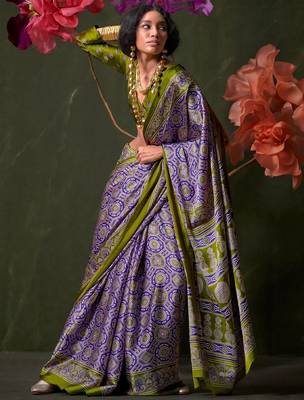 purple ajrak block print saree with blouse piece 3