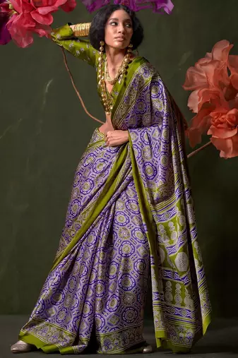 purple ajrak block print saree with blouse piece