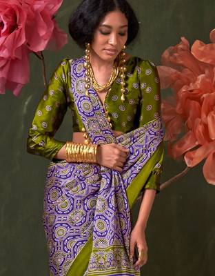 purple ajrak block print saree with blouse piece 4