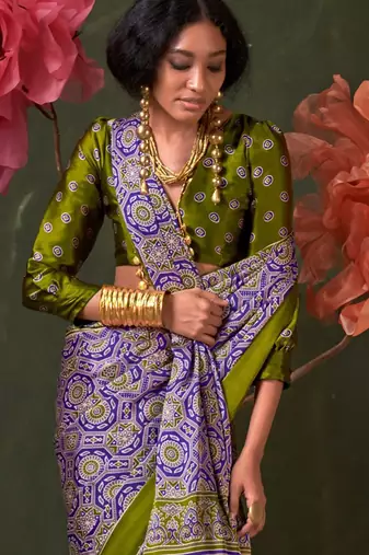 purple ajrak block print saree with blouse piece