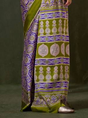 purple ajrak block print saree with blouse piece 5