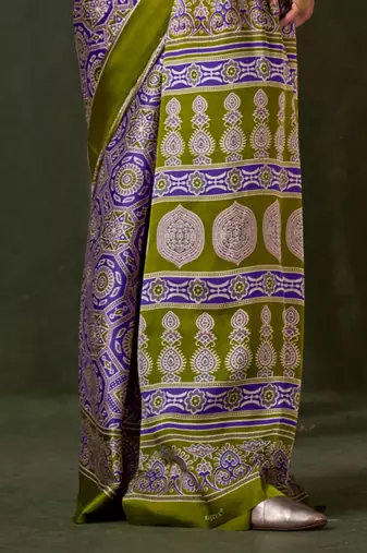 purple ajrak block print saree with blouse piece