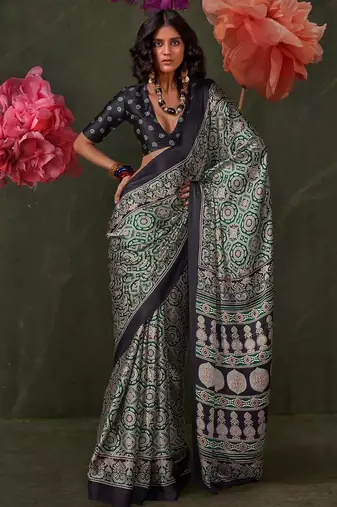 green ethnic motifs ajrak poly crepe block printed saree