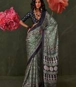 green ethnic motifs ajrak poly crepe block printed saree