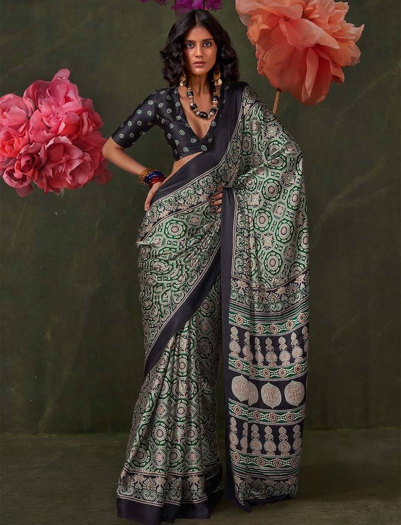 green ethnic motifs ajrak poly crepe block printed saree