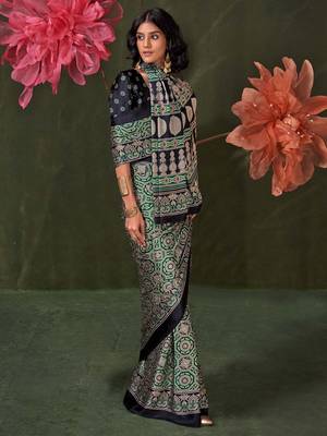 green ethnic motifs ajrak poly crepe block printed saree 2