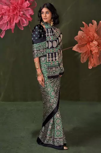 green ethnic motifs ajrak poly crepe block printed saree