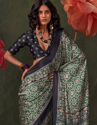 green ethnic motifs ajrak poly crepe block printed saree 3