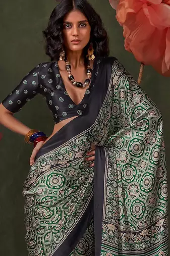 green ethnic motifs ajrak poly crepe block printed saree