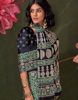 green ethnic motifs ajrak poly crepe block printed saree 4