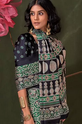 green ethnic motifs ajrak poly crepe block printed saree