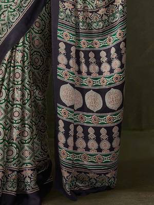 green ethnic motifs ajrak poly crepe block printed saree 5