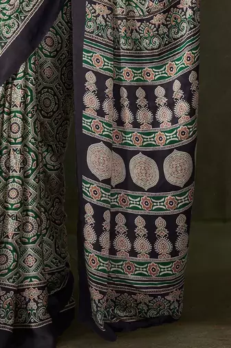 green ethnic motifs ajrak poly crepe block printed saree