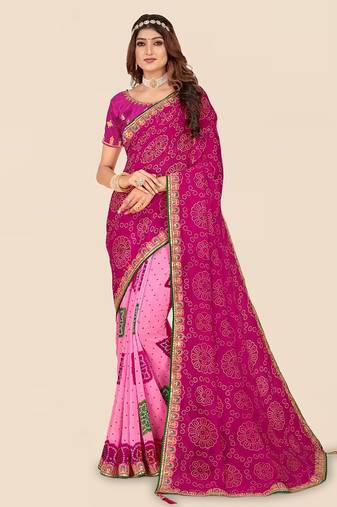 pink pink printed poly georgette half and half  bandhani saree