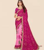 pink pink printed poly georgette half and half  bandhani saree