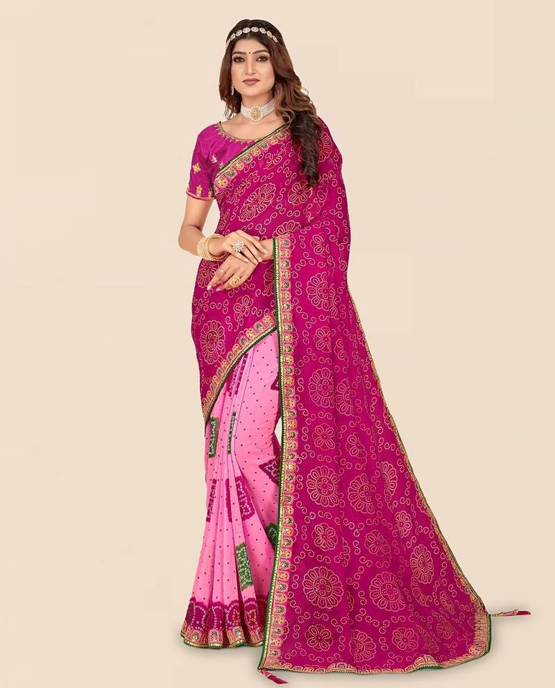 pink pink printed poly georgette half and half  bandhani saree