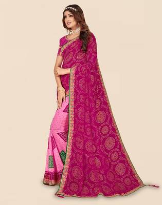 pink pink printed poly georgette half and half  bandhani saree 2