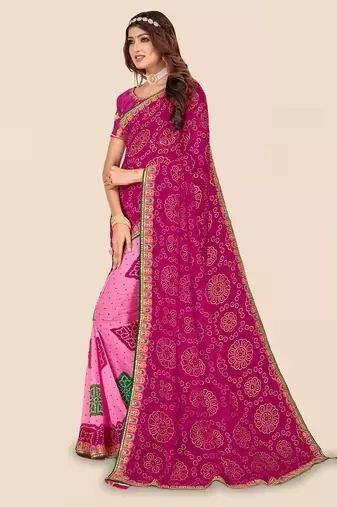 pink pink printed poly georgette half and half  bandhani saree