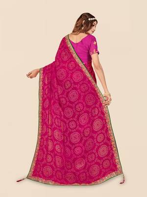 pink pink printed poly georgette half and half  bandhani saree 3