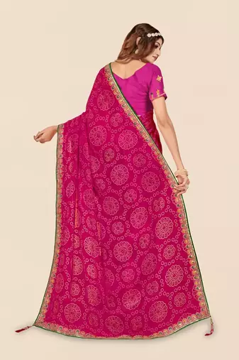 pink pink printed poly georgette half and half  bandhani saree