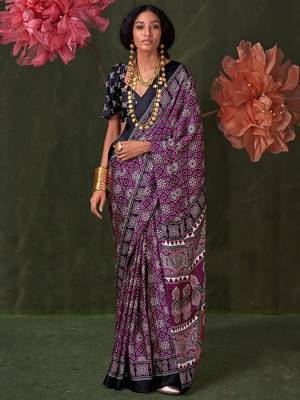 magenta modal ajrak block designer block print sareewith blouse piece 1
