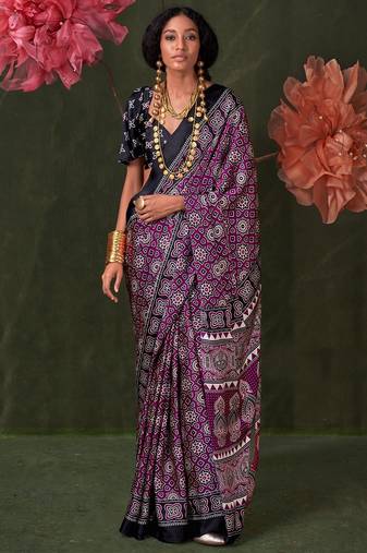 magenta modal ajrak block designer block print sareewith blouse piece